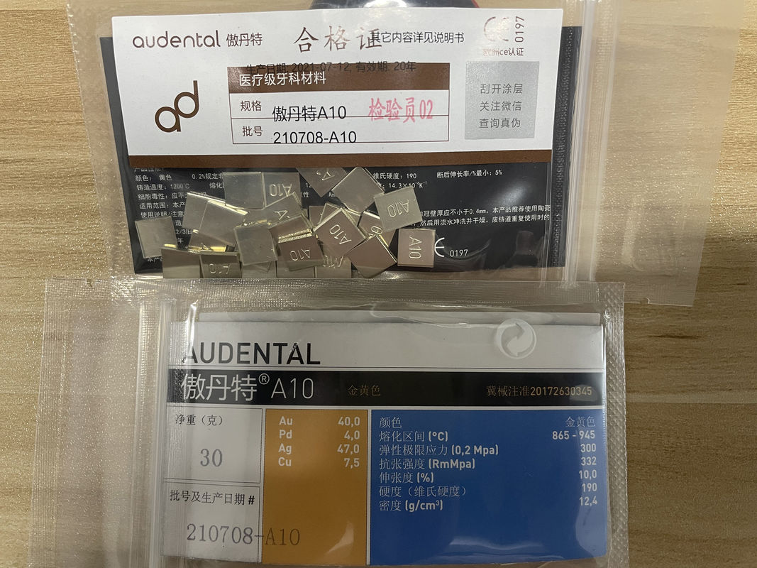Audental A10 aleación de metales nobles amarillo Au40% para restauraciones de coronas y puentes
