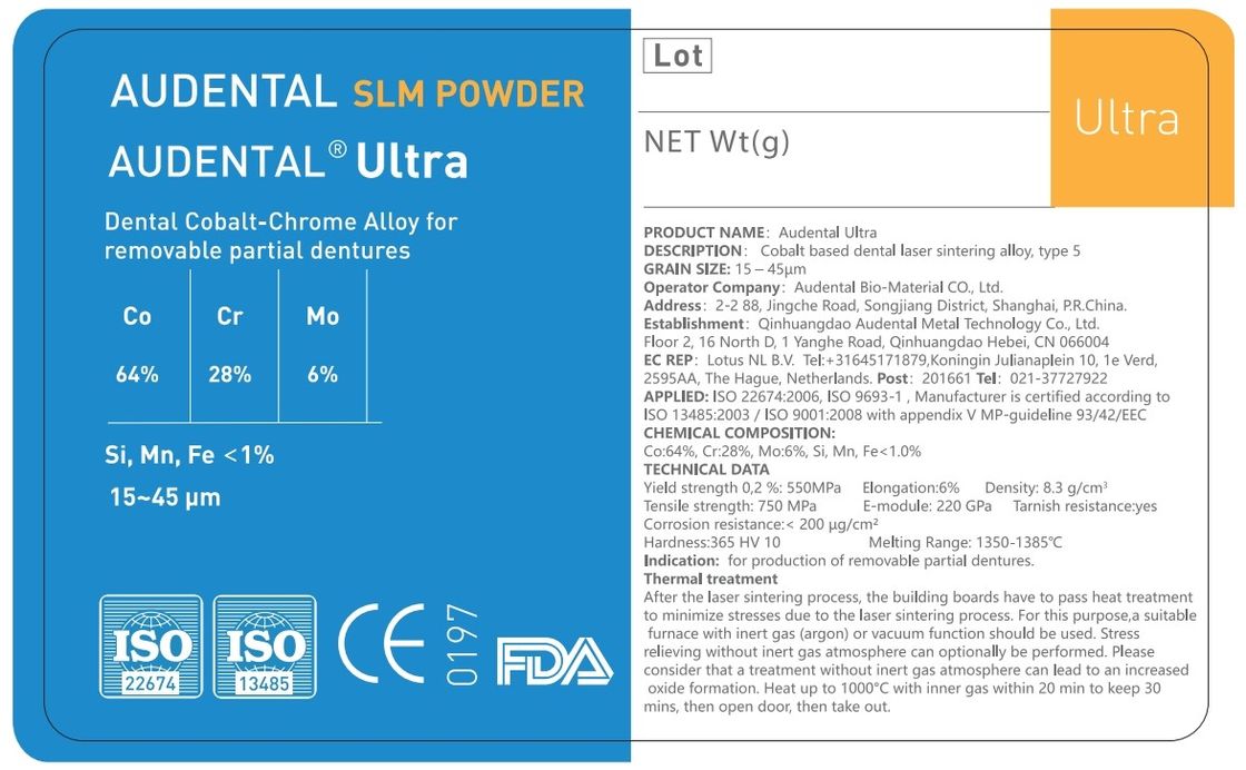 Audental Ultra SLM en polvo/CoCrMo/CE,FDA,IdentAlloy/Impresión Dental en metal 3D