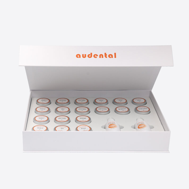 Equipo de laboratorio dental con un conjunto de pasta lista para manchar y esmaltar que permite una aplicación suave y una personalización flexible de la sombra